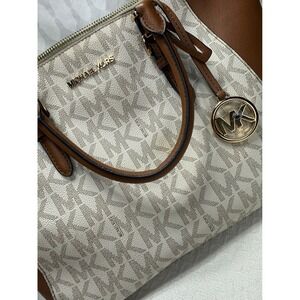 Michael Kors MK‎ Signature Print Leather Trim Dome Satchel Crossbody Bag Brown